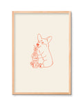 Framed illustration of a corgi holding a Coca-Cola bottle on a beige background