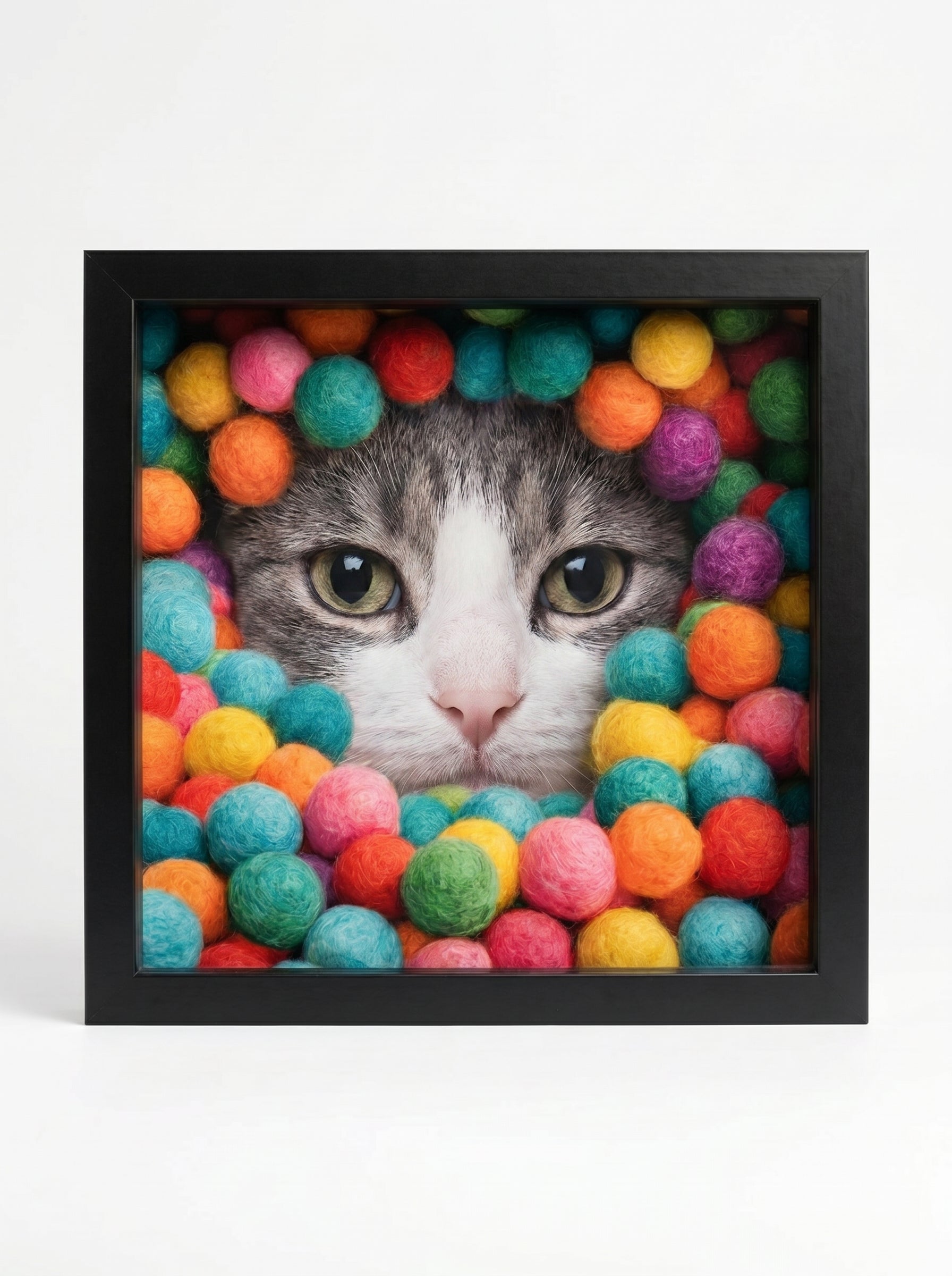 Cat peeking out from colorful ball frame on a white background