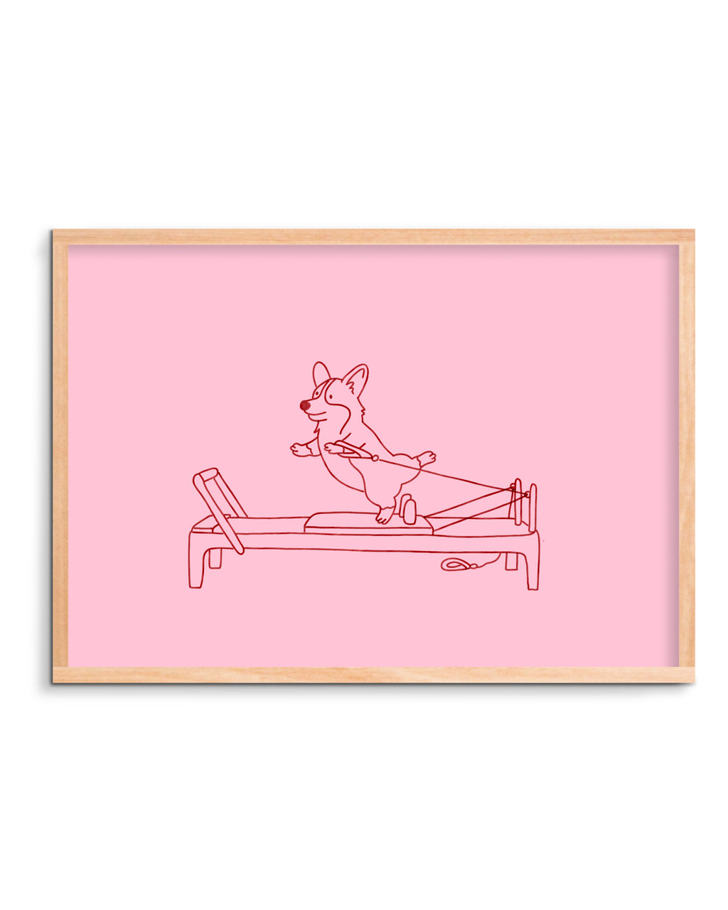 Framed artwork of a dog on a reformer against a pink background