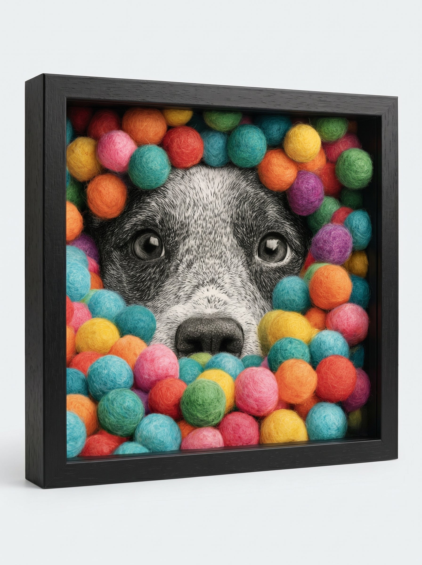 Dog's face peeking through colorful balls in a black frame