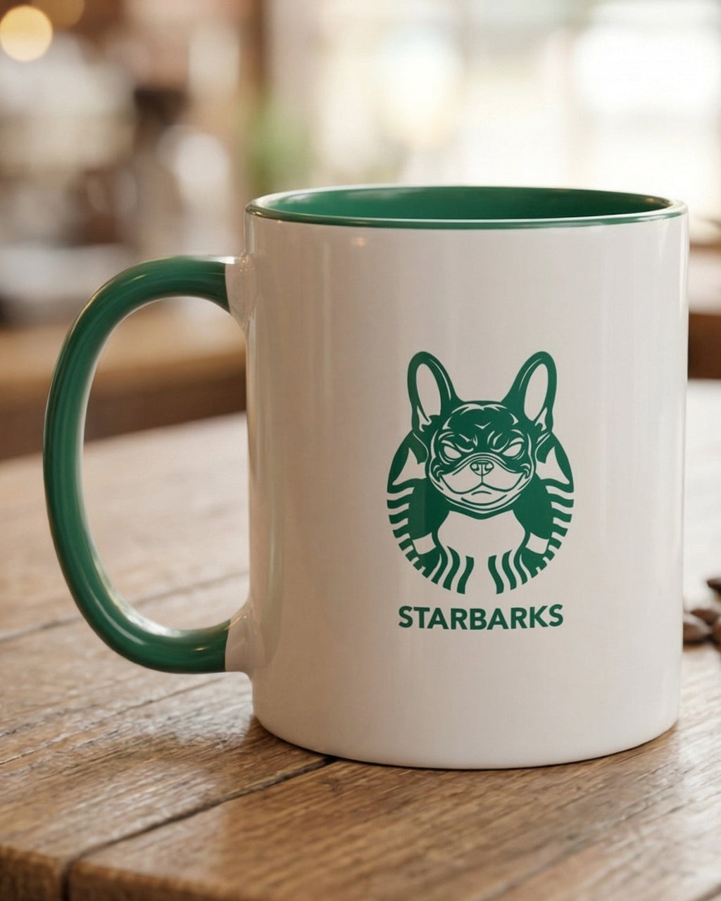 White mug with green interior and handle, featuring a dog logo and 'Starbarks' text, on a wooden table with coffee beans.