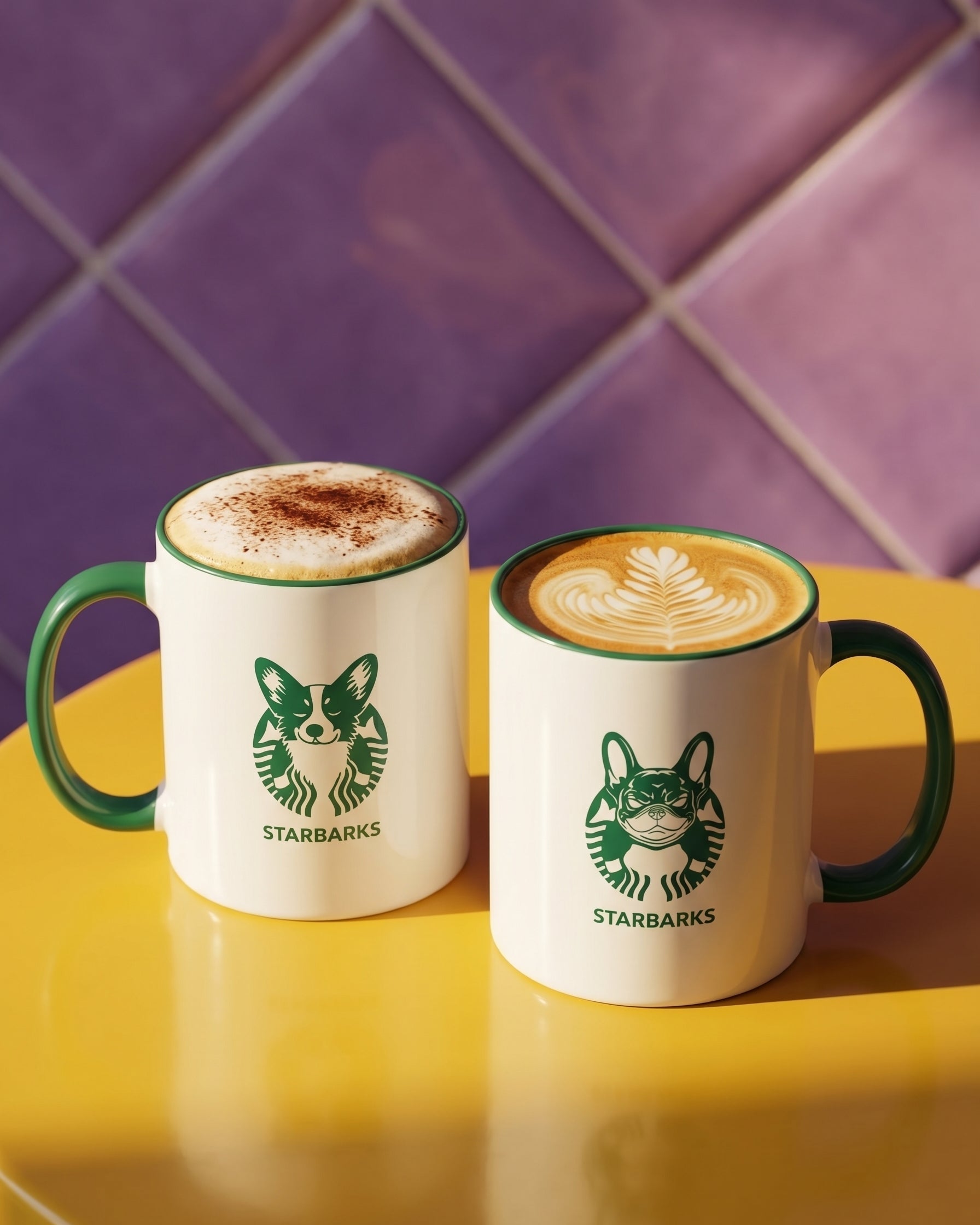 Two Starbarks mugs featuring a funny corgi and a french bulldog on a yellow surface and purple tiled background