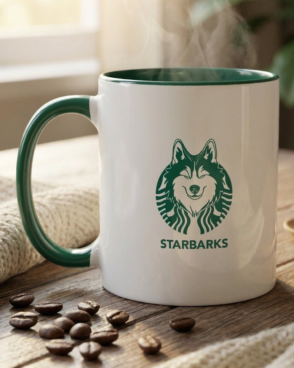 White mug with green interior and handle, featuring a dog logo and 'Starbarks' text, on a wooden table with coffee beans and a plant in the background.