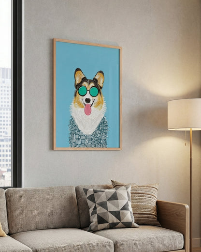 Living room with a framed picture of a corgi wearing sunglasses on the wall.