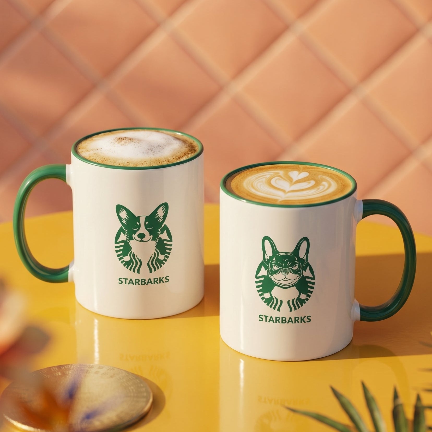 Two Starbarks mugs with green handles on a yellow surface with a patterned wall in the background.