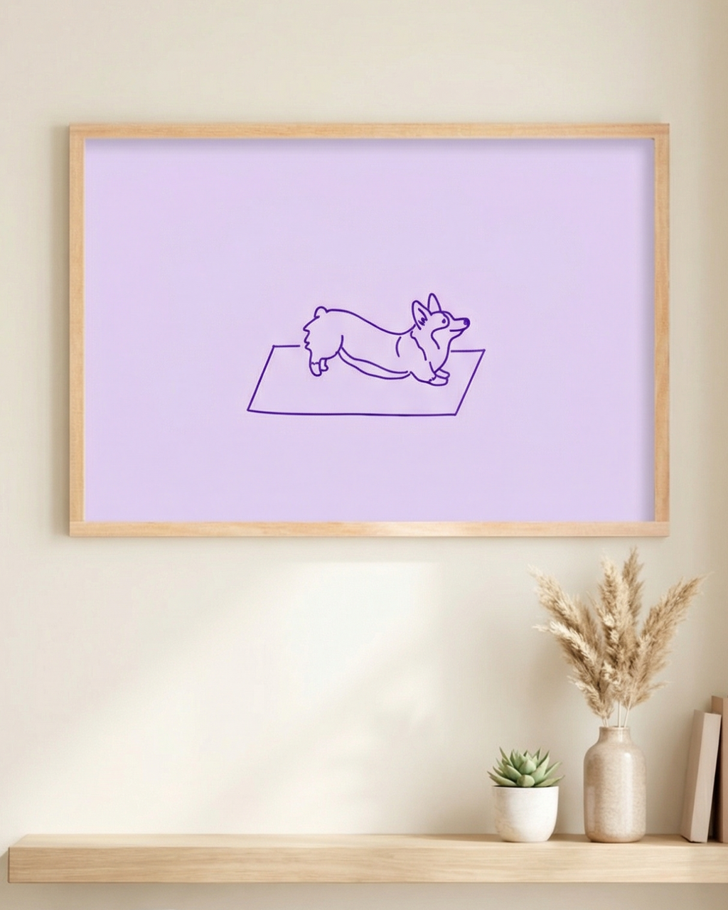 Framed artwork of a dog on a purple background on a wall above a shelf with decor items.