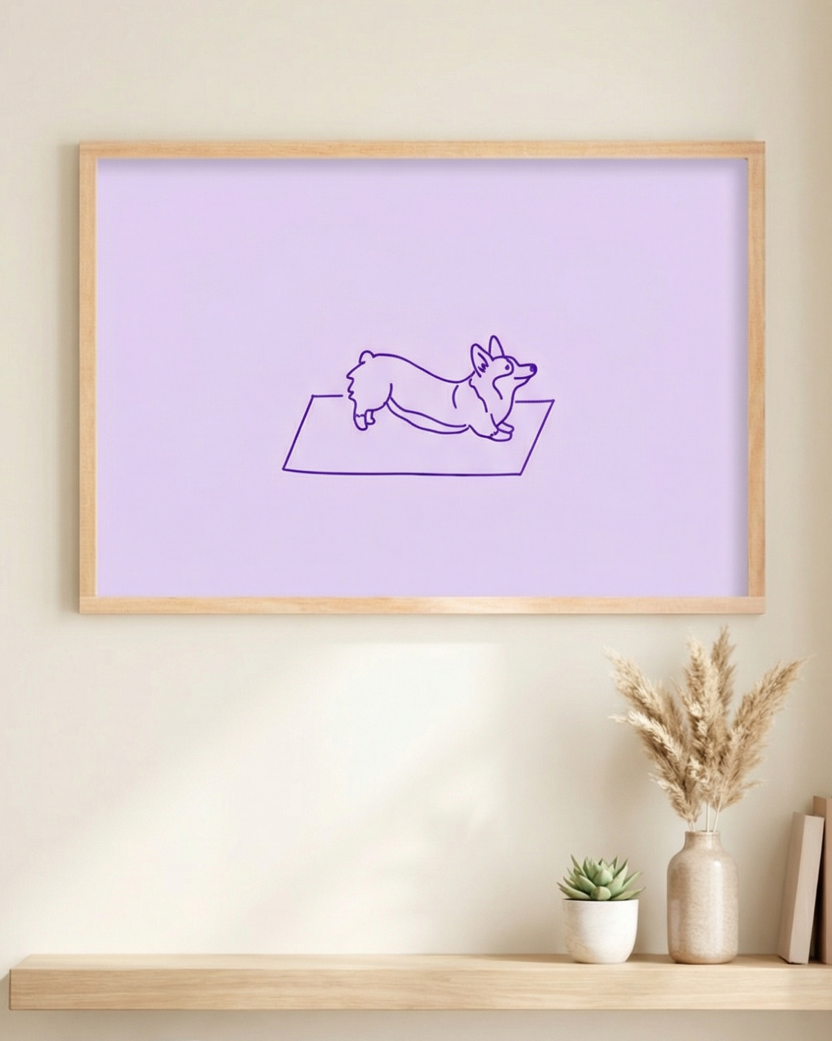 Framed artwork of a dog on a purple background on a wall above a shelf with decor items.