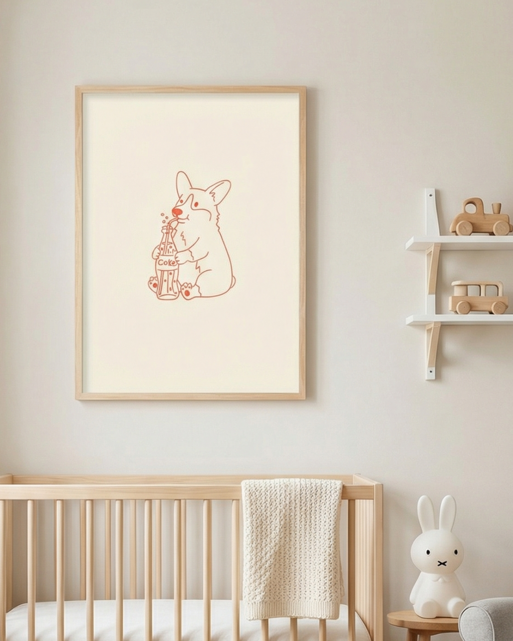 Framed artwork of a cute corgi drinking soda in a nursery room.