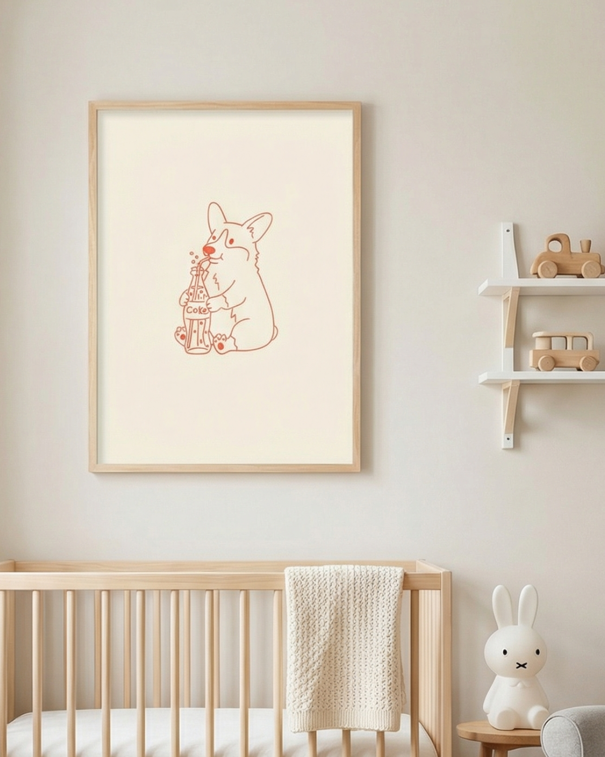 Framed artwork of a cute corgi drinking soda in a nursery room.