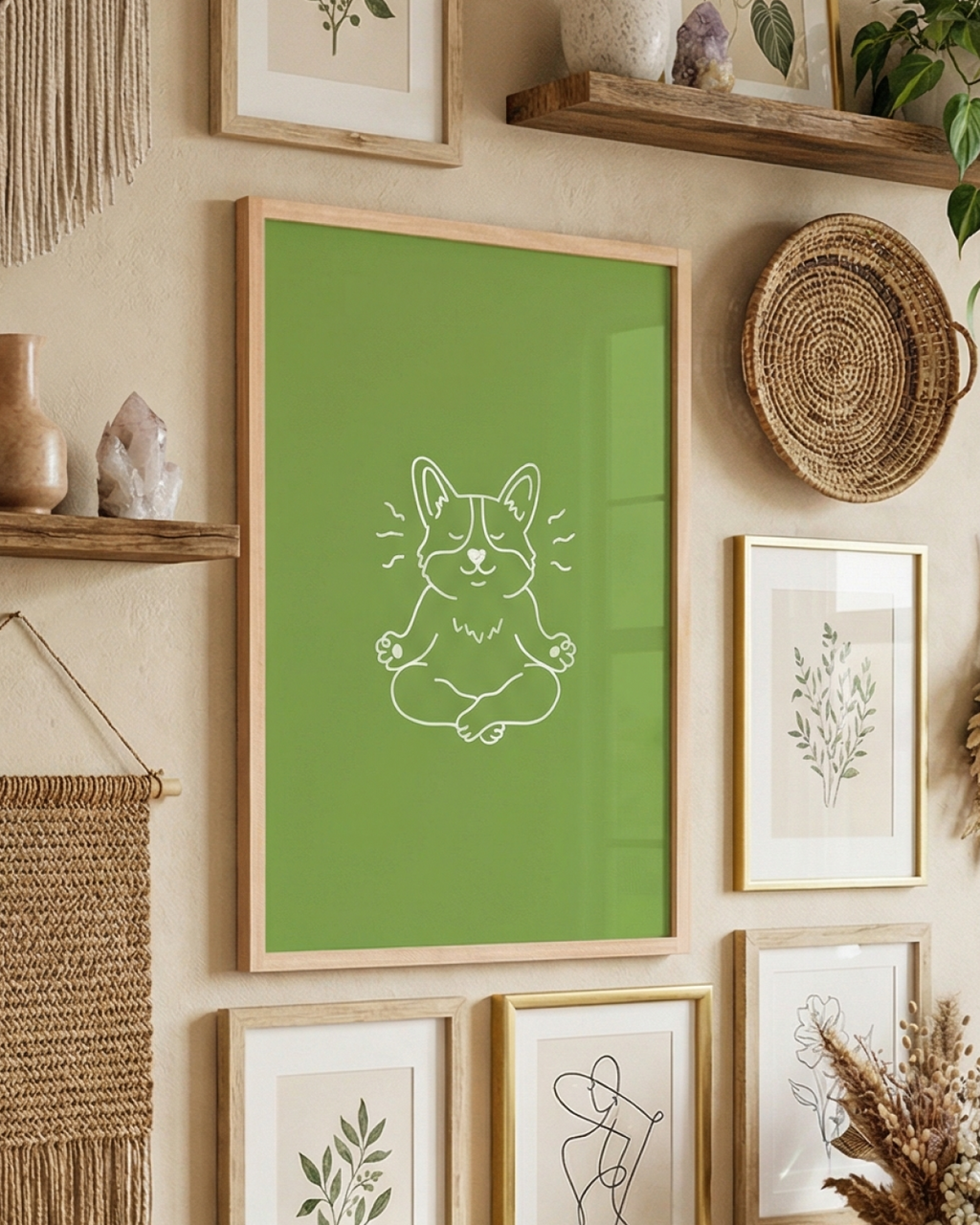 Whimsical wall art with a green background featuring a white line drawing of a corgi dog doing meditation.
