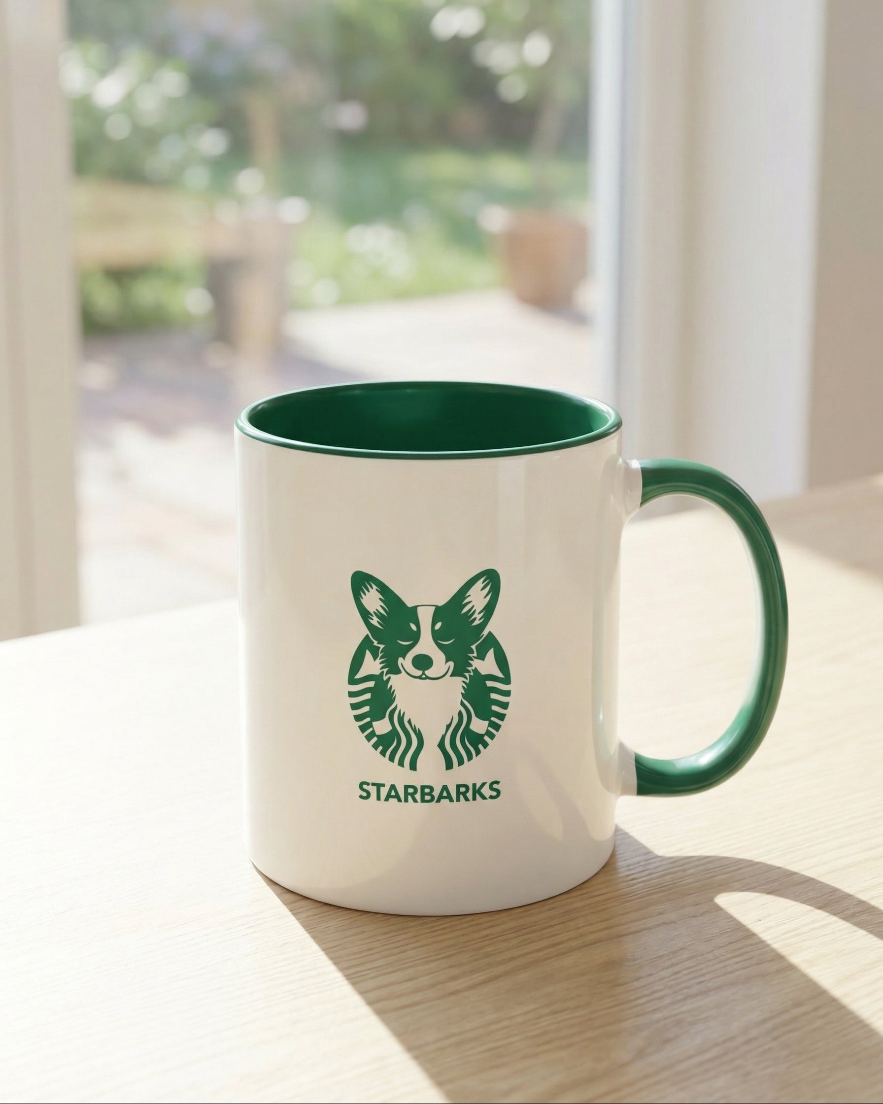 White mug with green interior and handle, featuring a funny corgi and text "Starbarks" on a wooden surface with blurred outdoor background.