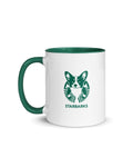 White mug with green handle and interior, featuring a funny corgi and 'Starbarks' text on a white background.
