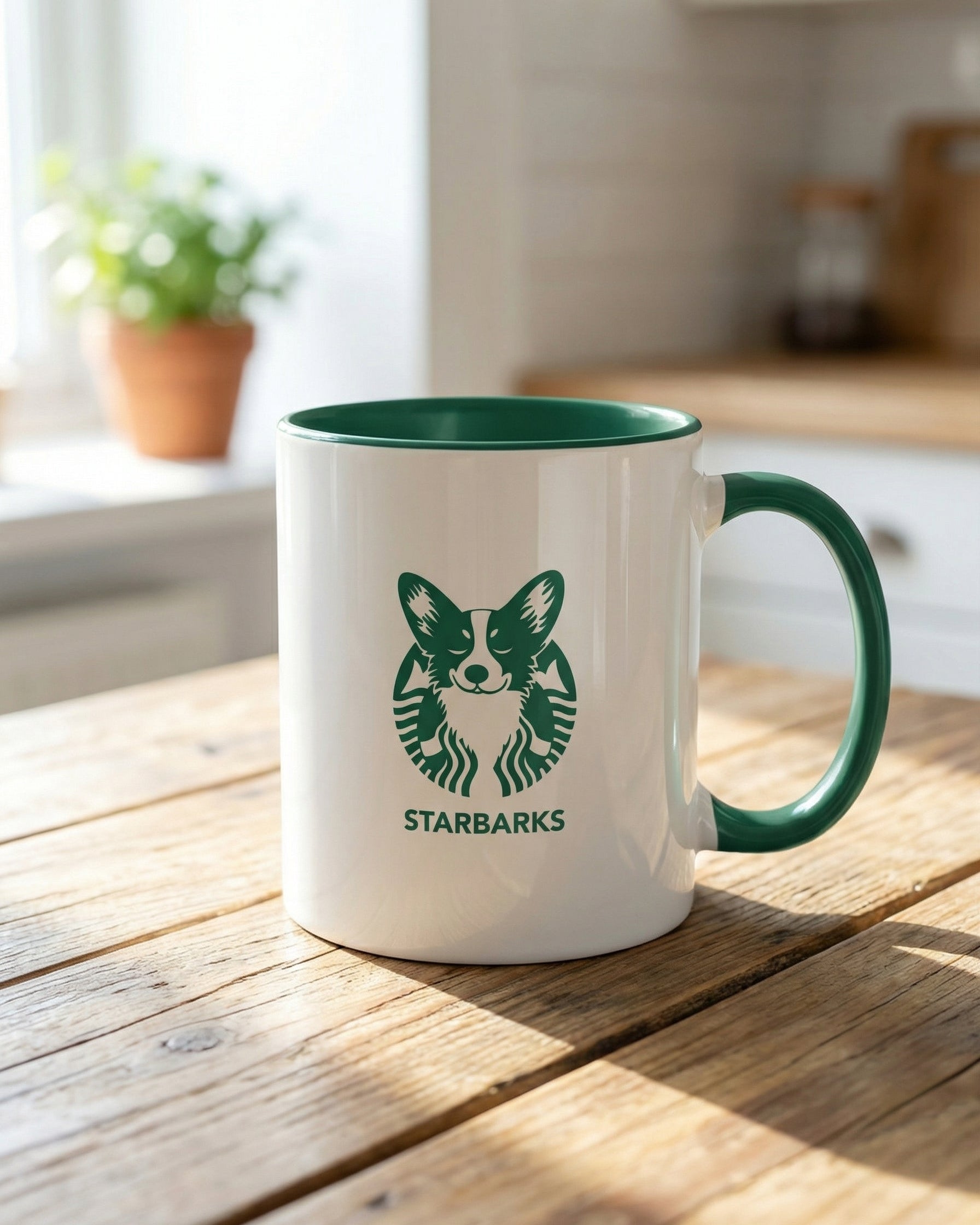White mug with green interior and handle featuring a funny corgi on a wooden surface.