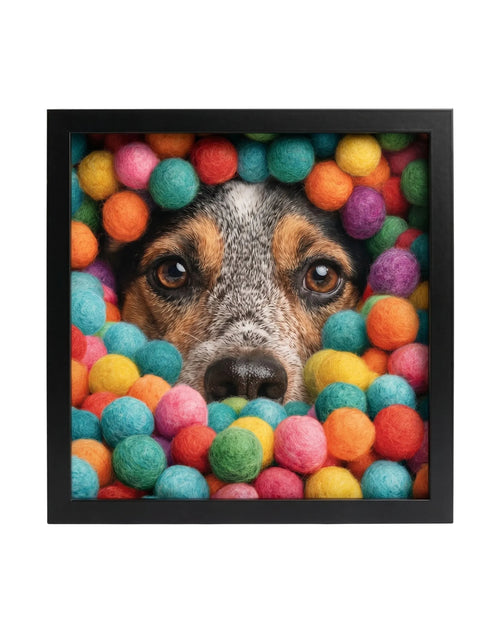 Dog's face peeking out from a frame filled with colorful balls on a white background