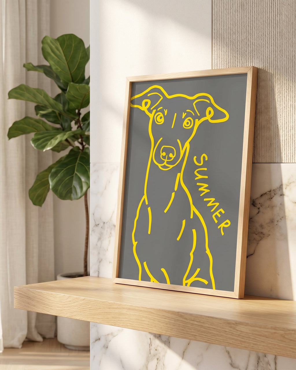 Framed artwork of a dog with 'Summer' text on a shelf with a plant in the background