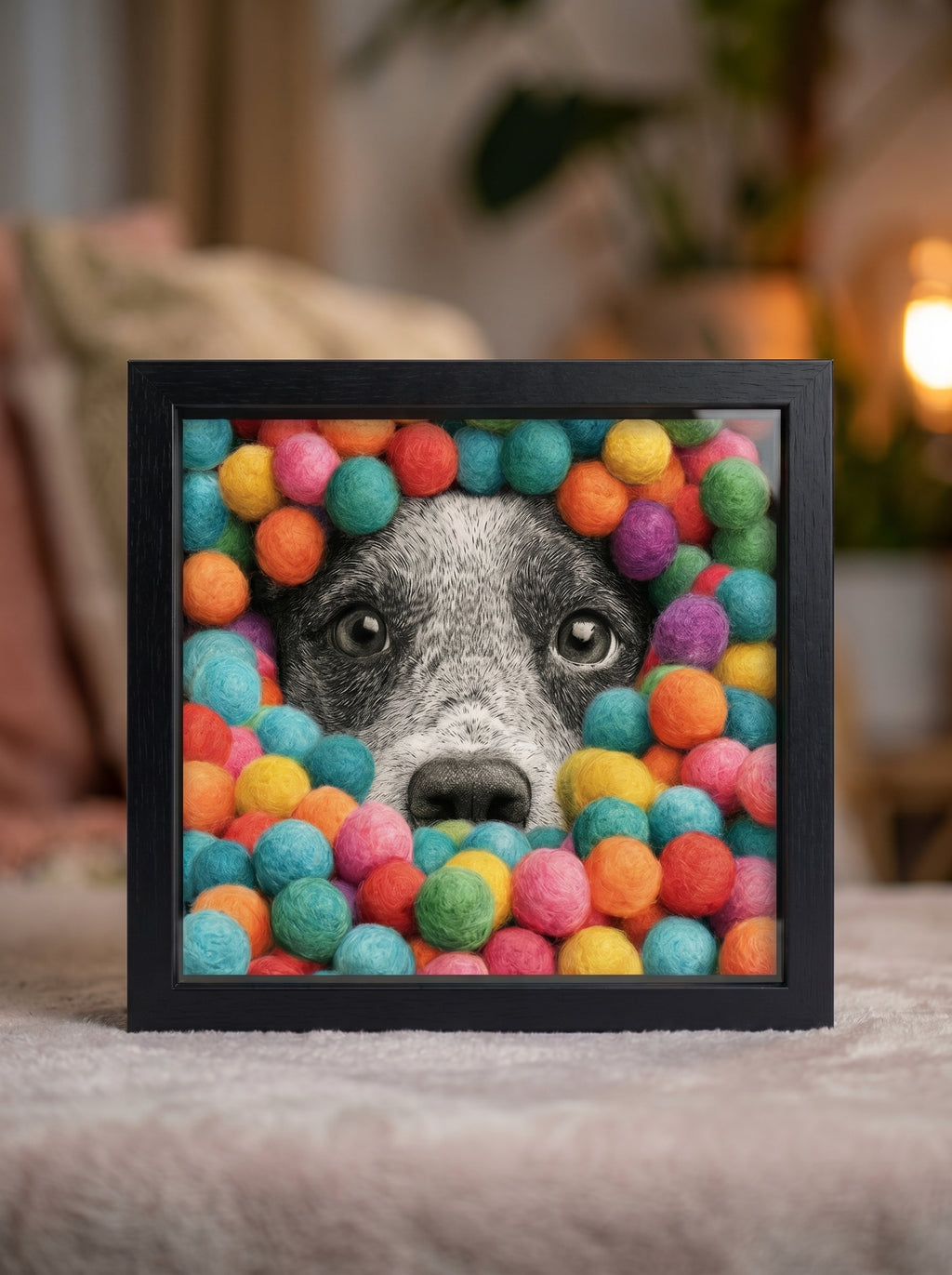 Dog's face framed by colorful pom-poms in a blurred indoor setting