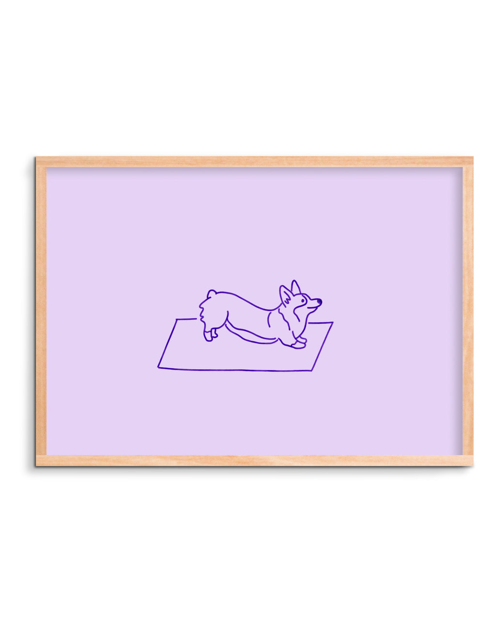 Framed artwork of a corgi doing yoga on a purple background