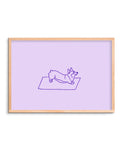 Framed artwork of a corgi doing yoga on a purple background