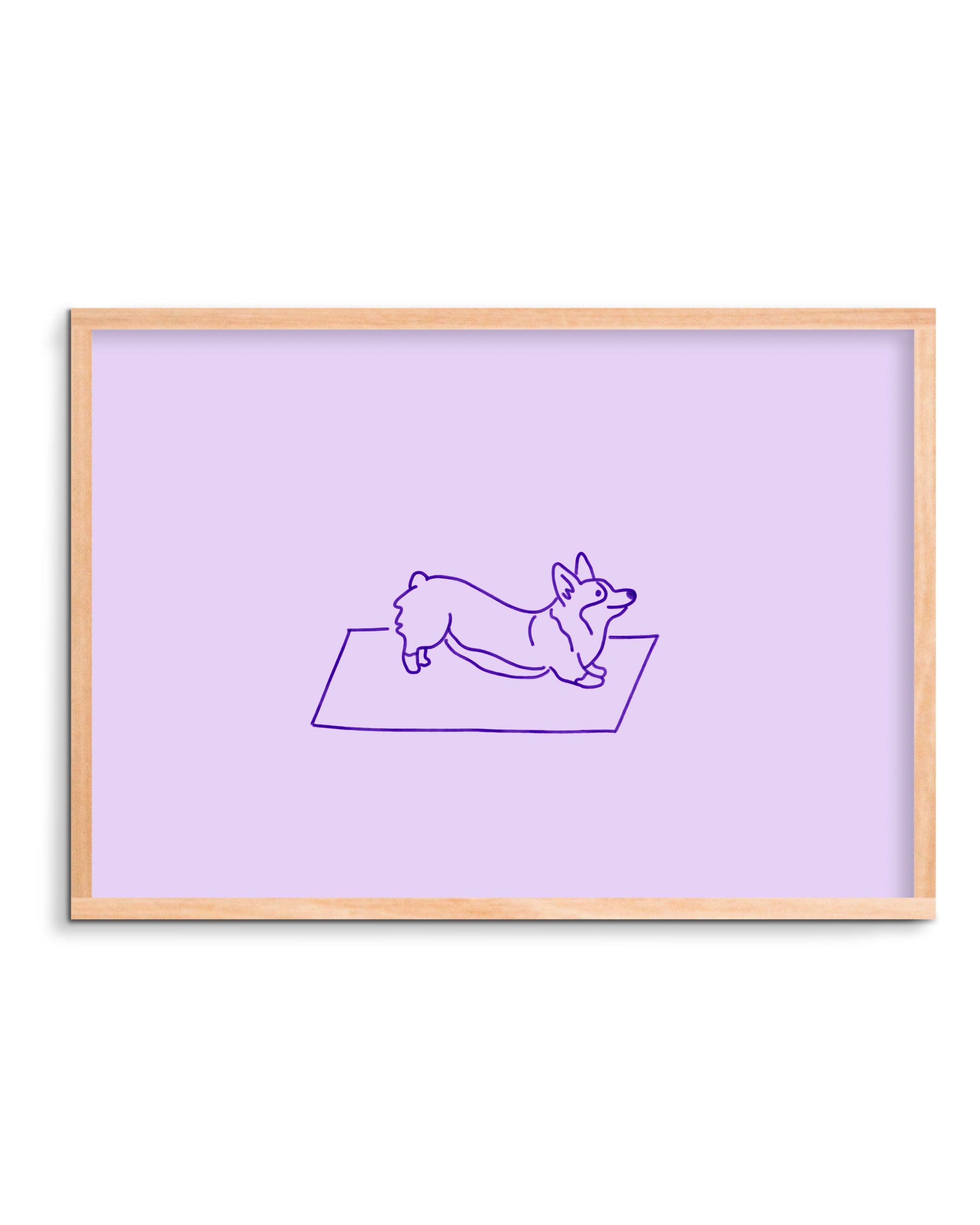 Framed artwork of a corgi doing yoga on a purple background
