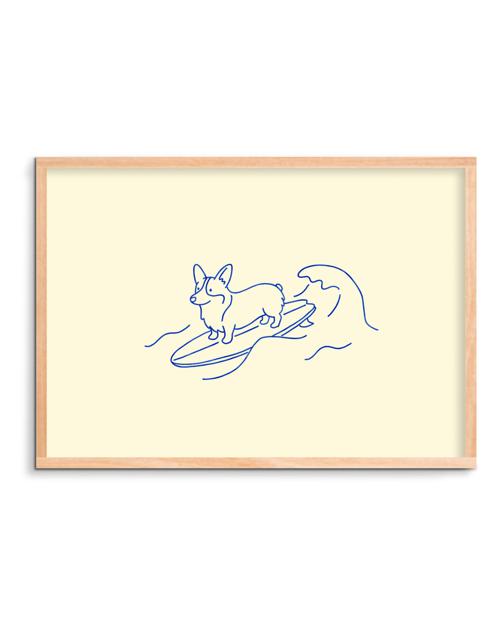 Framed artwork of a blue line drawing of a dog on a surfboard on a beige background