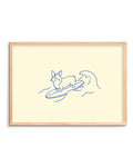 Framed artwork of a blue line drawing of a dog on a surfboard on a beige background