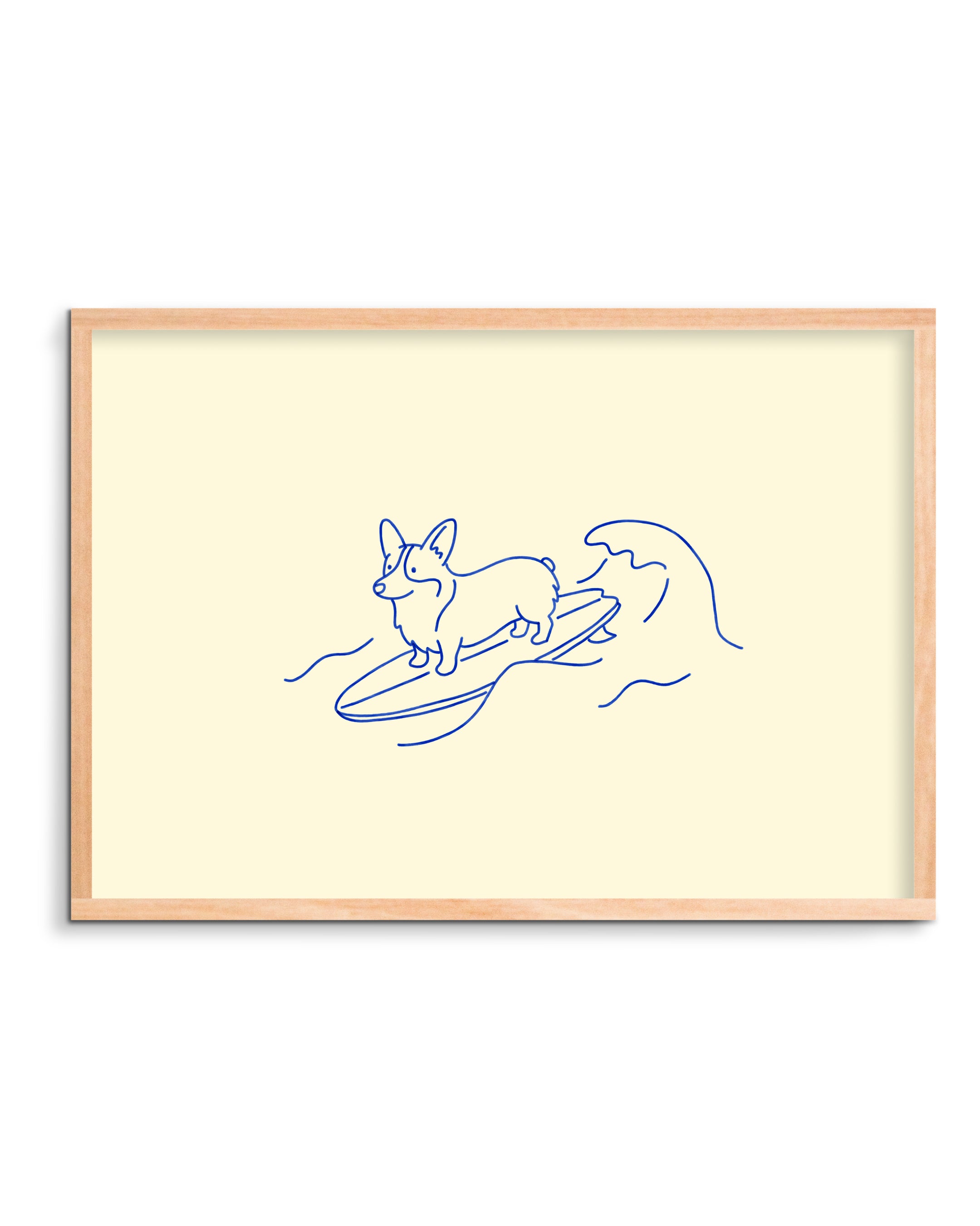 Framed artwork of a blue line drawing of a dog on a surfboard on a beige background