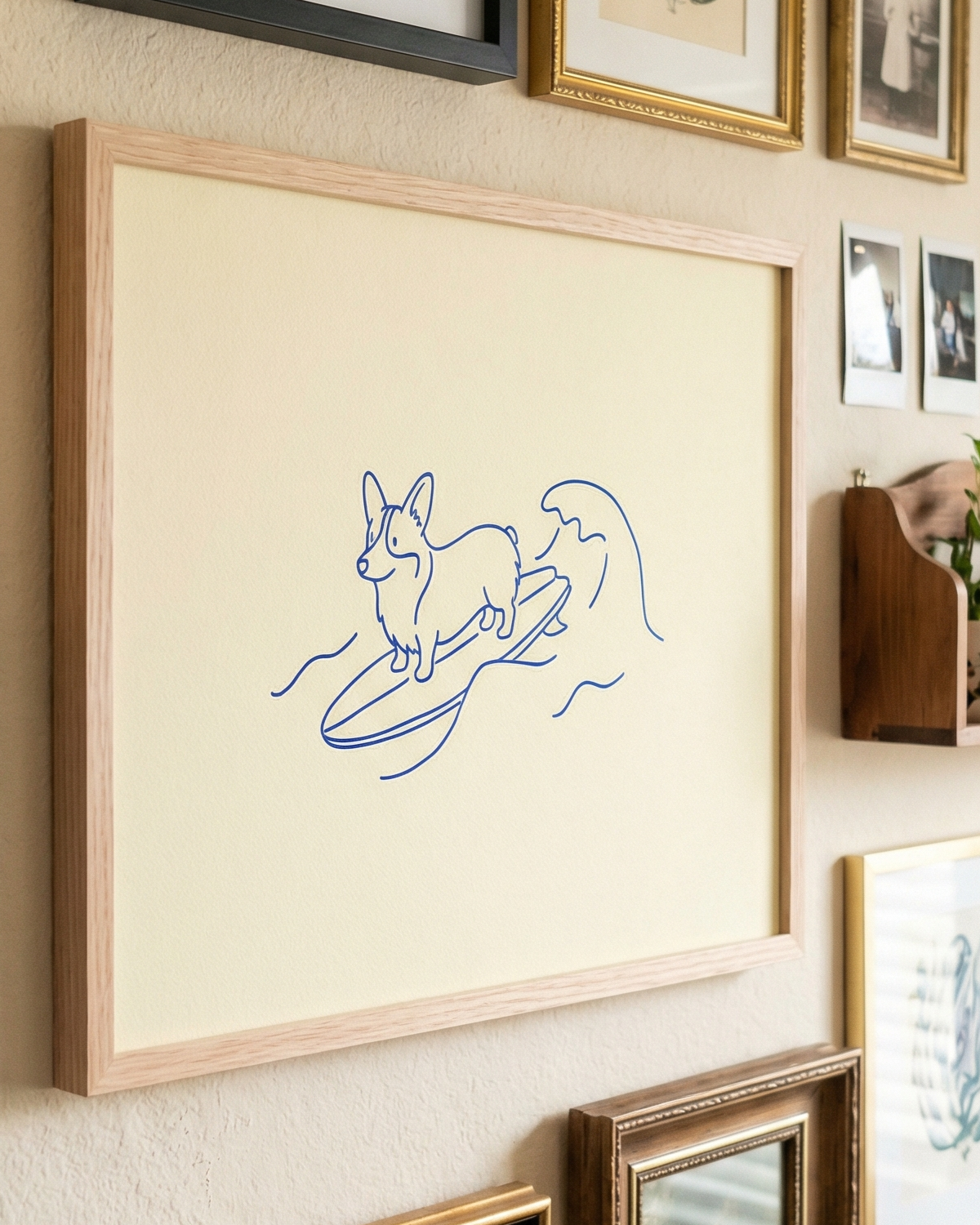 Framed artwork of a corgi dog on a surfboard with other framed pictures on a wall.